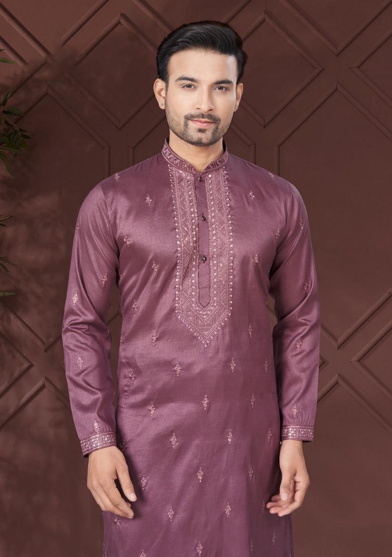 Dark Pink Embroidered Silk Kurta Set For Men