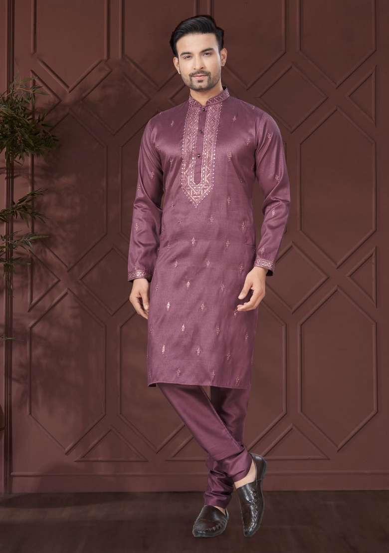 Dark Pink Embroidered Silk Kurta Set For Men - Indya