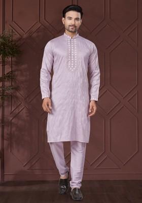 Purple Embroidered Silk Kurta Set For Men