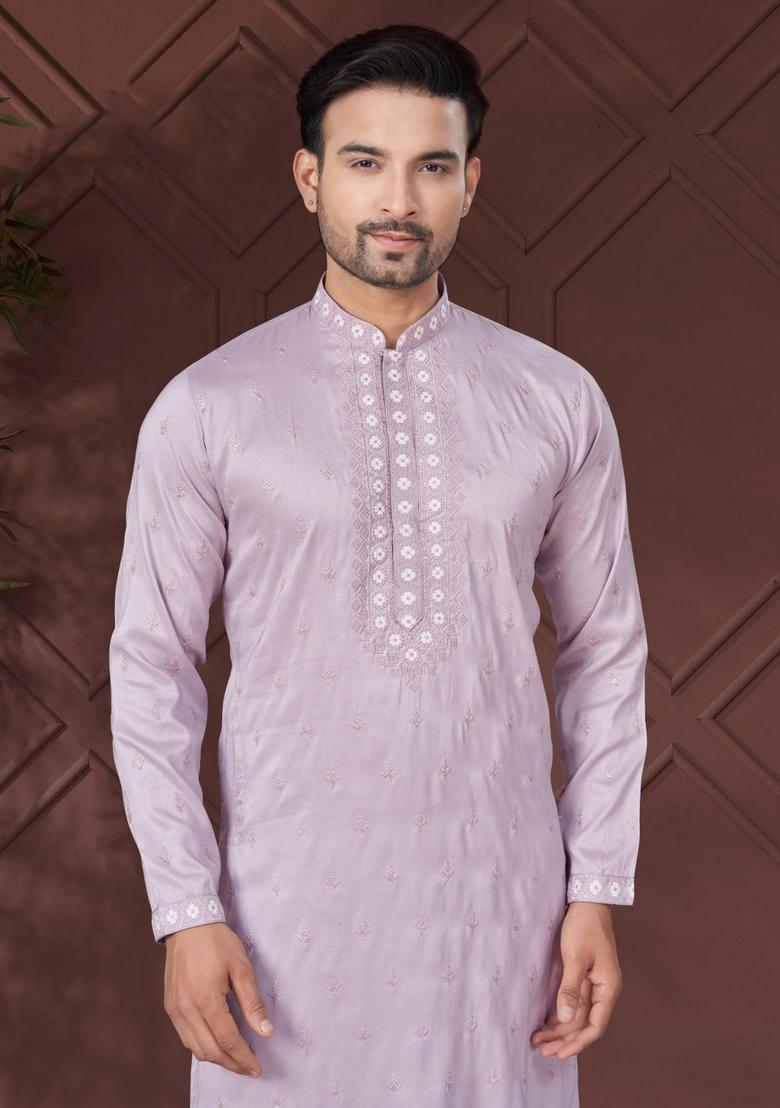 Purple Embroidered Silk Kurta Set For Men