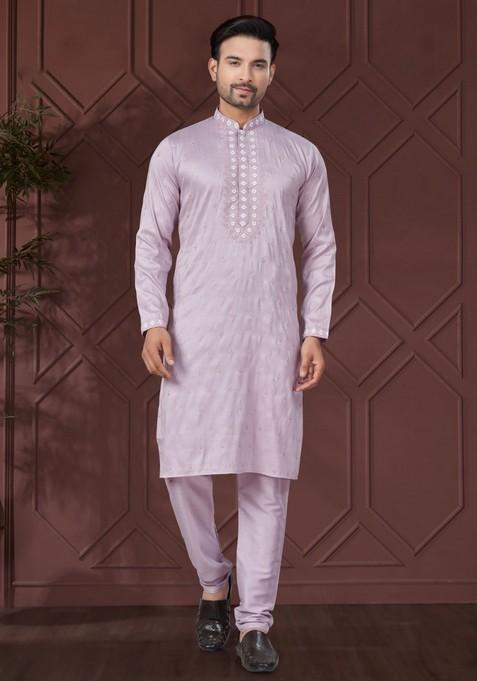 Purple Embroidered Silk Kurta Set For Men