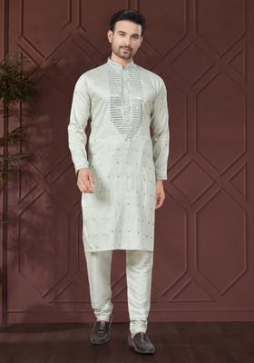 Pista Embroidered Silk Kurta Set For Men