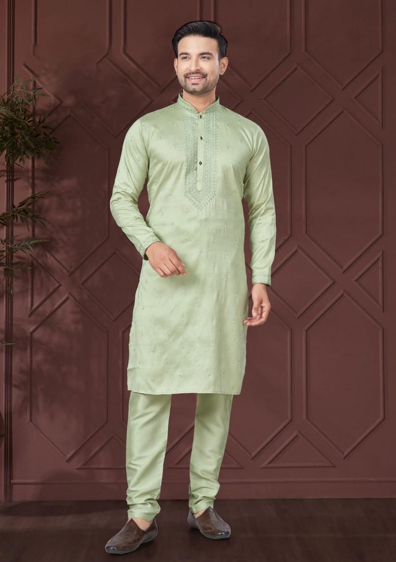 Green Embroidered Silk Kurta Set For Men