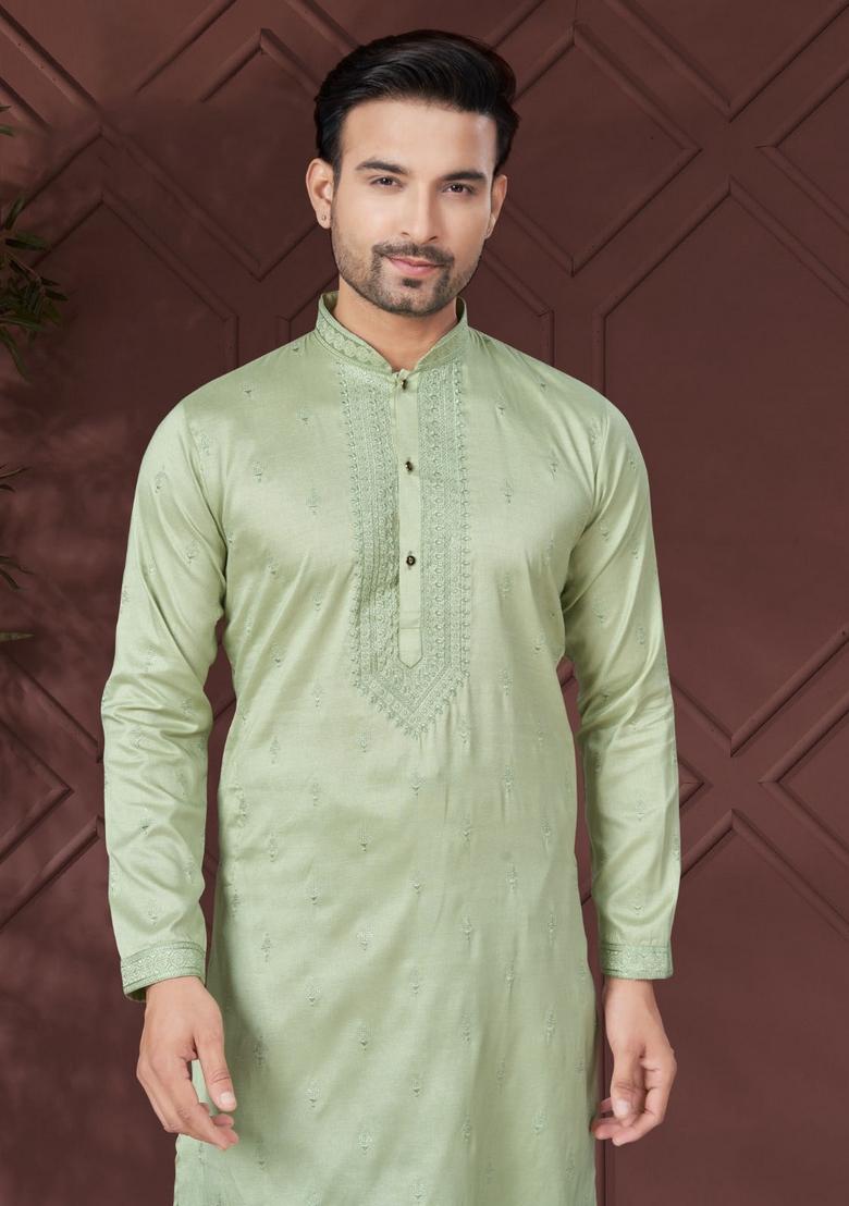 Green Embroidered Silk Kurta Set For Men