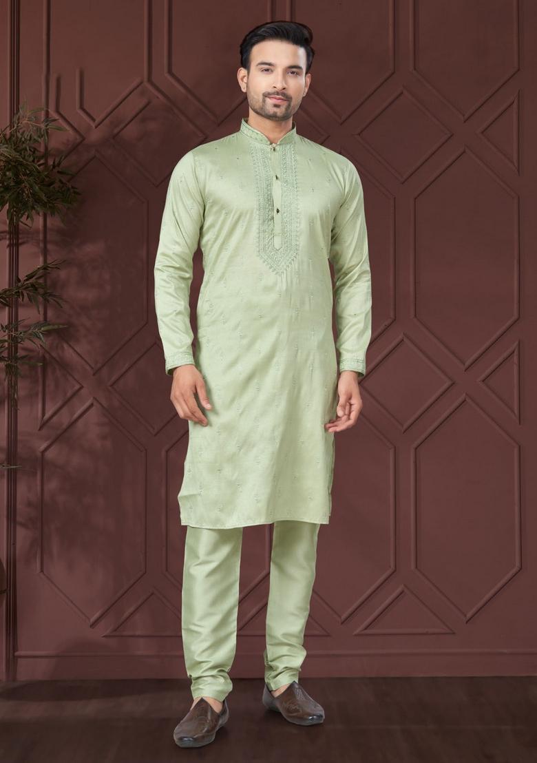 Green Embroidered Silk Kurta Set For Men