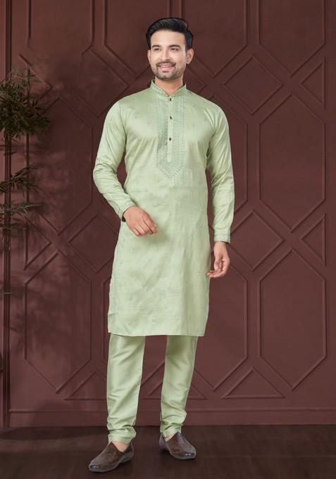 Green Embroidered Silk Kurta Set For Men