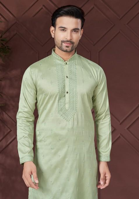 Green Embroidered Silk Kurta Set For Men