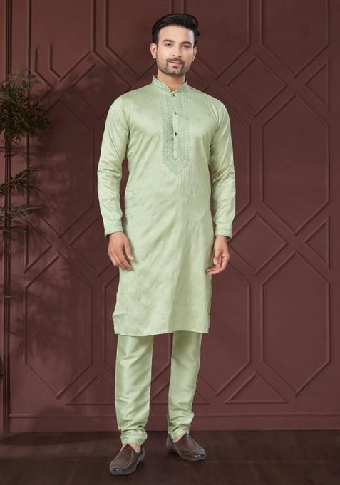 Green Embroidered Silk Kurta Set For Men