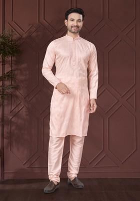 Peach Embroidered Silk Kurta Set For Men