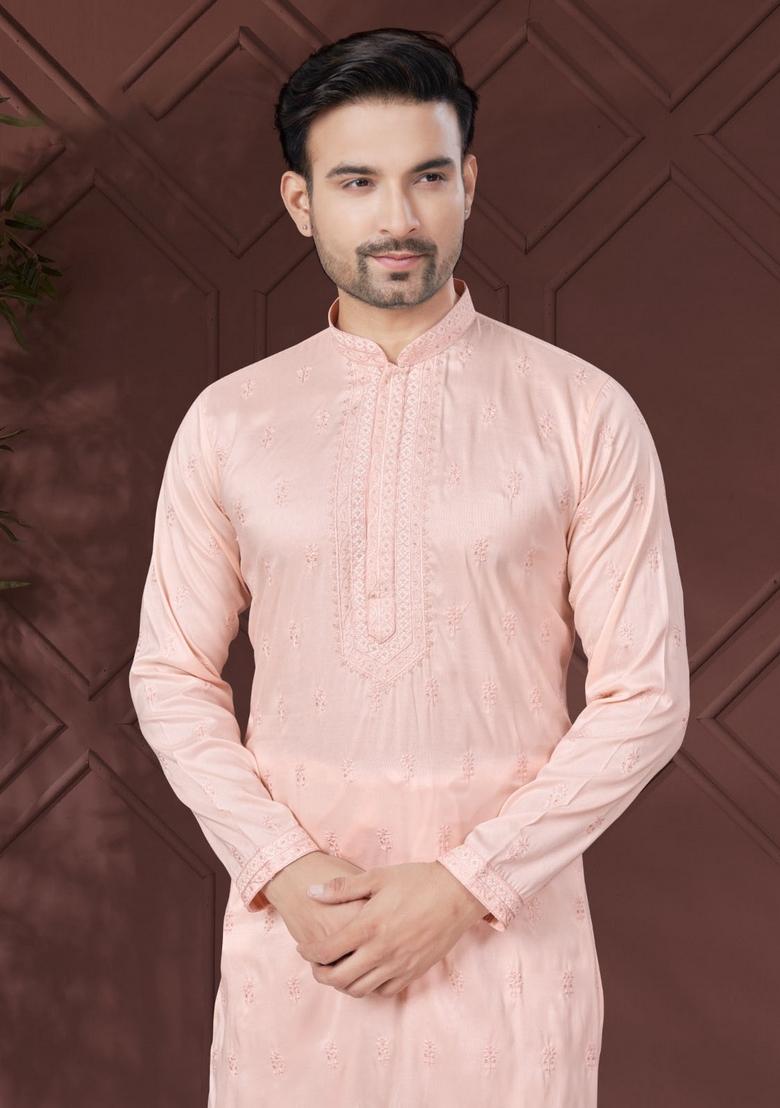 Peach Embroidered Silk Kurta Set For Men