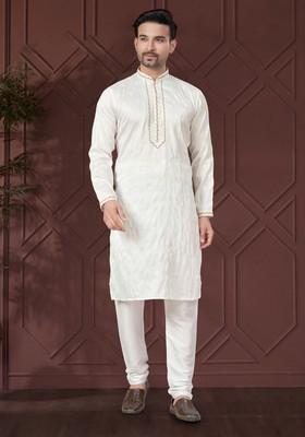 White Embroidered Silk Kurta Set For Men