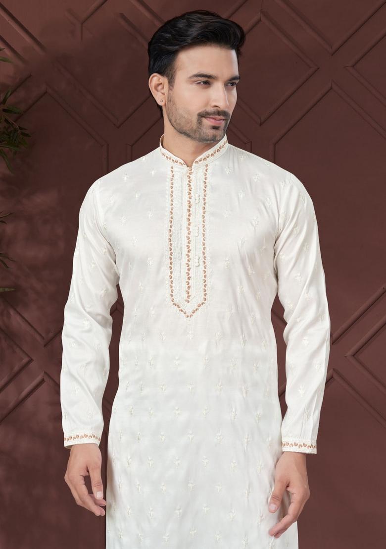White Embroidered Silk Kurta Set For Men