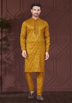Yellow Embroidered Silk Kurta Set For Men