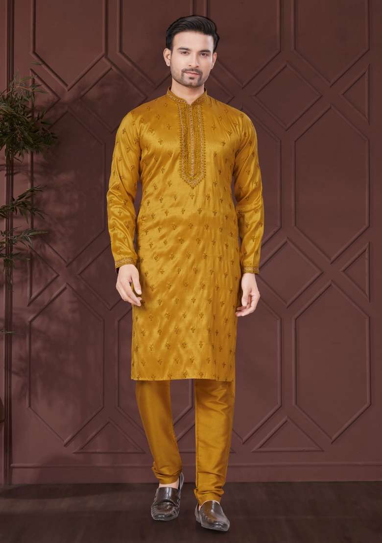 Yellow Embroidered Silk Kurta Set For Men - Indya