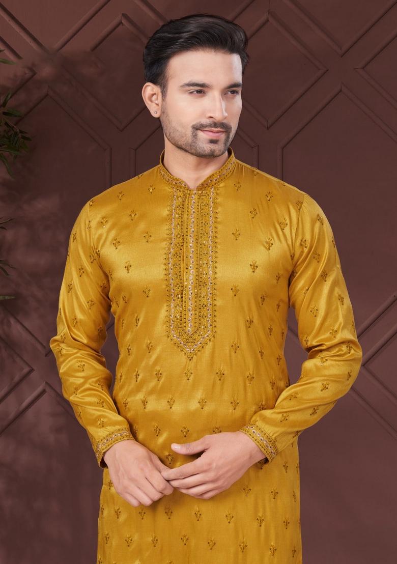 Yellow Embroidered Silk Kurta Set For Men