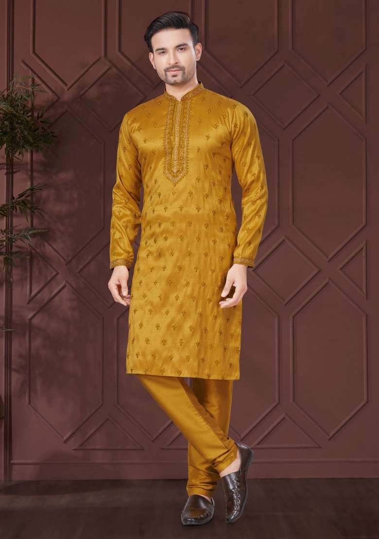 Yellow Embroidered Silk Kurta Set For Men - Indya