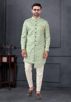 Green Embroidered Silk Sherwani Set For Men