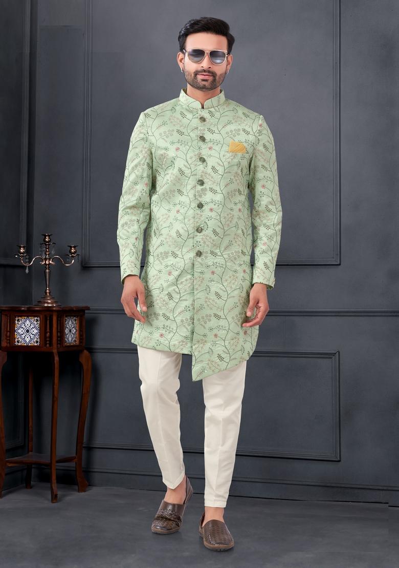 Green Embroidered Silk Sherwani Set For Men