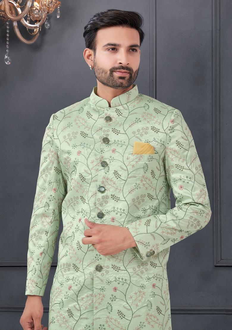 Green Embroidered Silk Sherwani Set For Men
