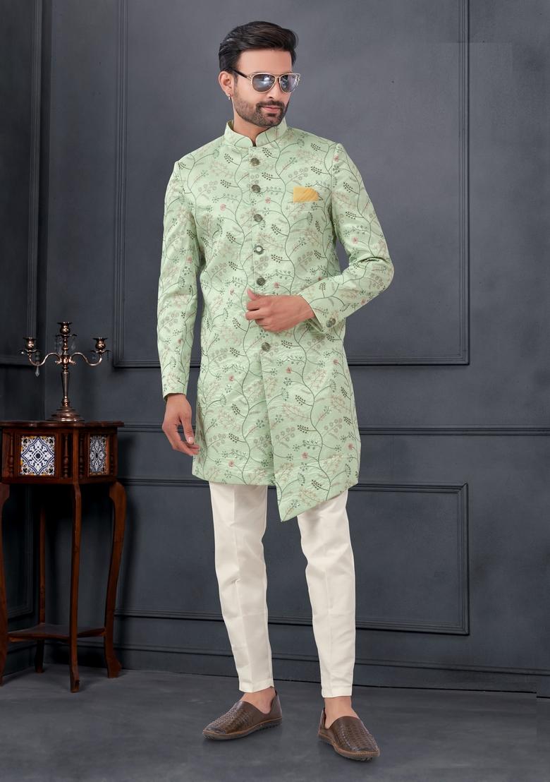 Green Embroidered Silk Sherwani Set For Men