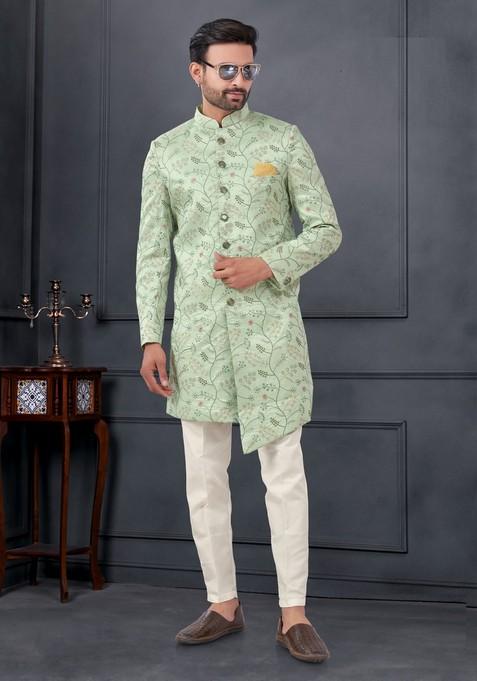 Green Embroidered Silk Sherwani Set For Men