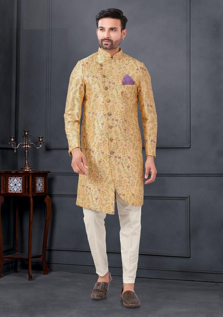 Yellow Embroidered Silk Sherwani Set For Men