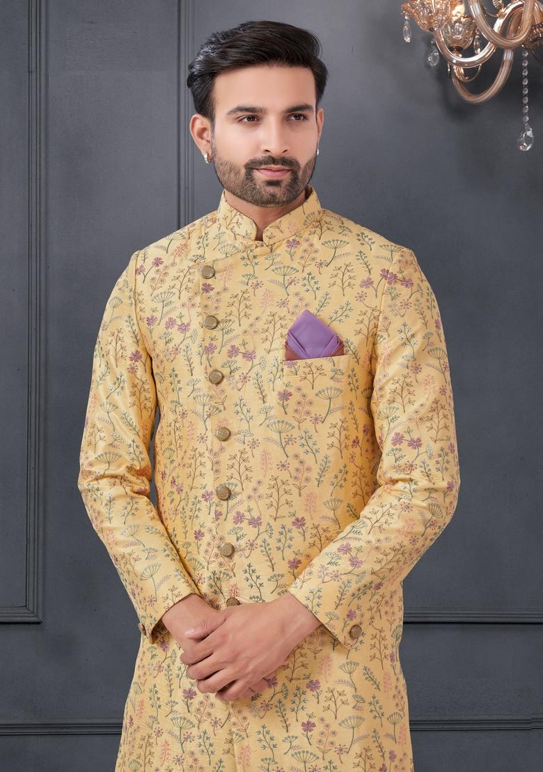 Yellow Embroidered Silk Sherwani Set For Men