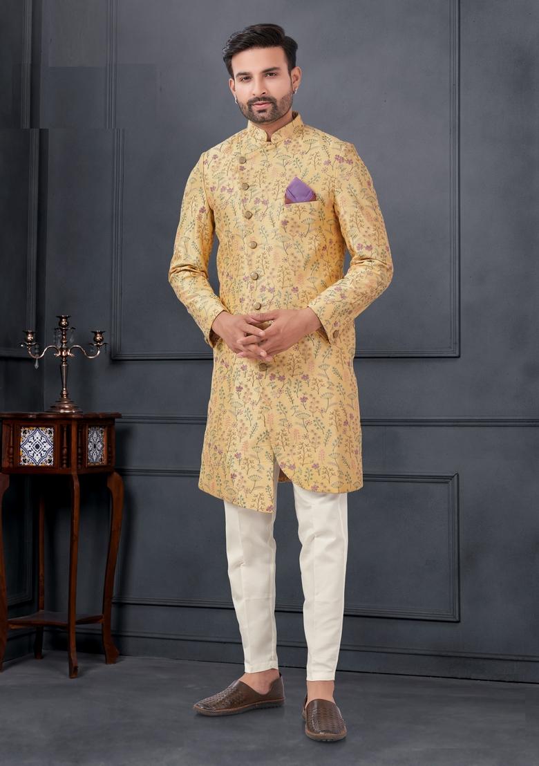 Yellow Embroidered Silk Sherwani Set For Men