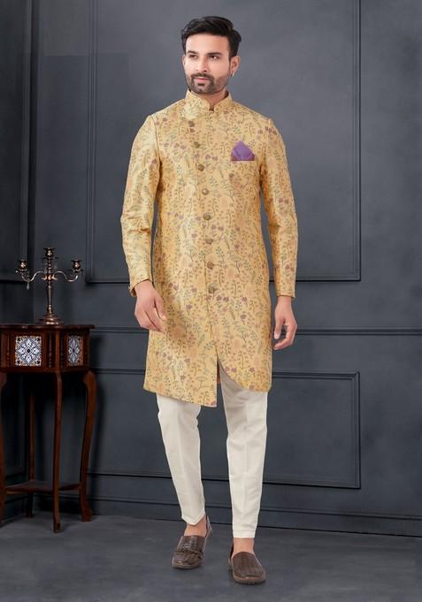 Yellow Embroidered Silk Sherwani Set For Men