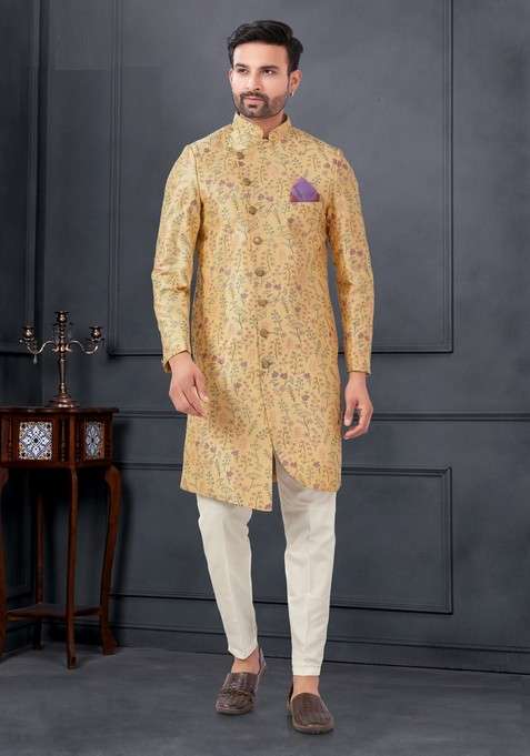 Yellow Embroidered Silk Sherwani Set For Men