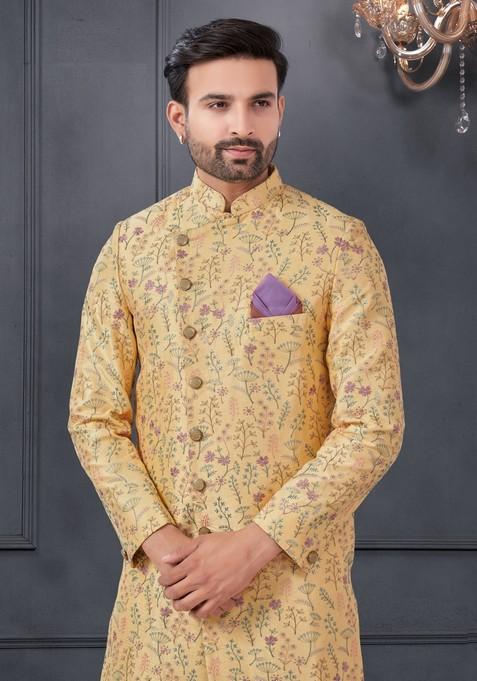 Yellow Embroidered Silk Sherwani Set For Men