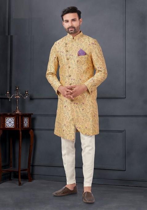 Yellow Embroidered Silk Sherwani Set For Men