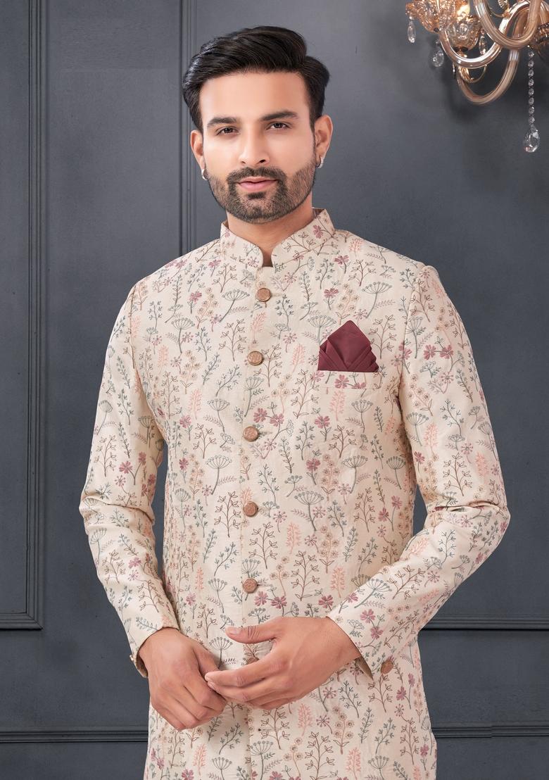 Cream Embroidered Silk Sherwani Set For Men