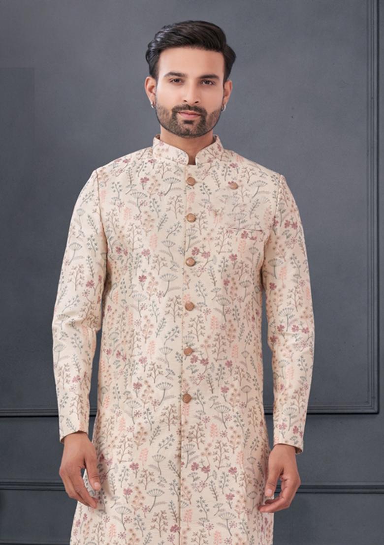 Cream Embroidered Silk Sherwani Set For Men