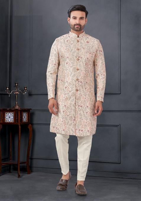 Cream Embroidered Silk Sherwani Set For Men