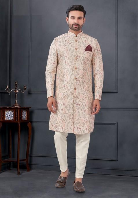 Cream Embroidered Silk Sherwani Set For Men
