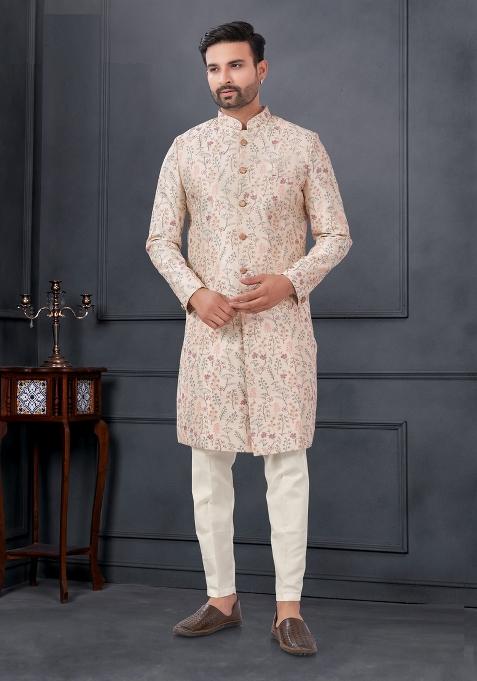 Cream Embroidered Silk Sherwani Set For Men