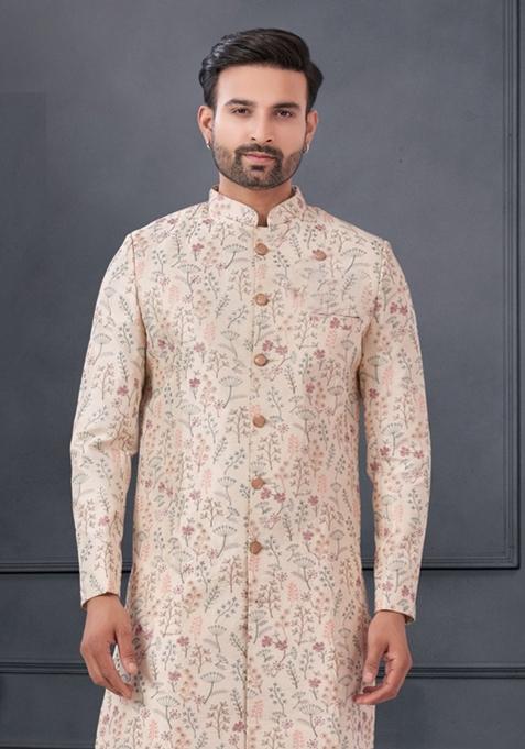 Cream Embroidered Silk Sherwani Set For Men