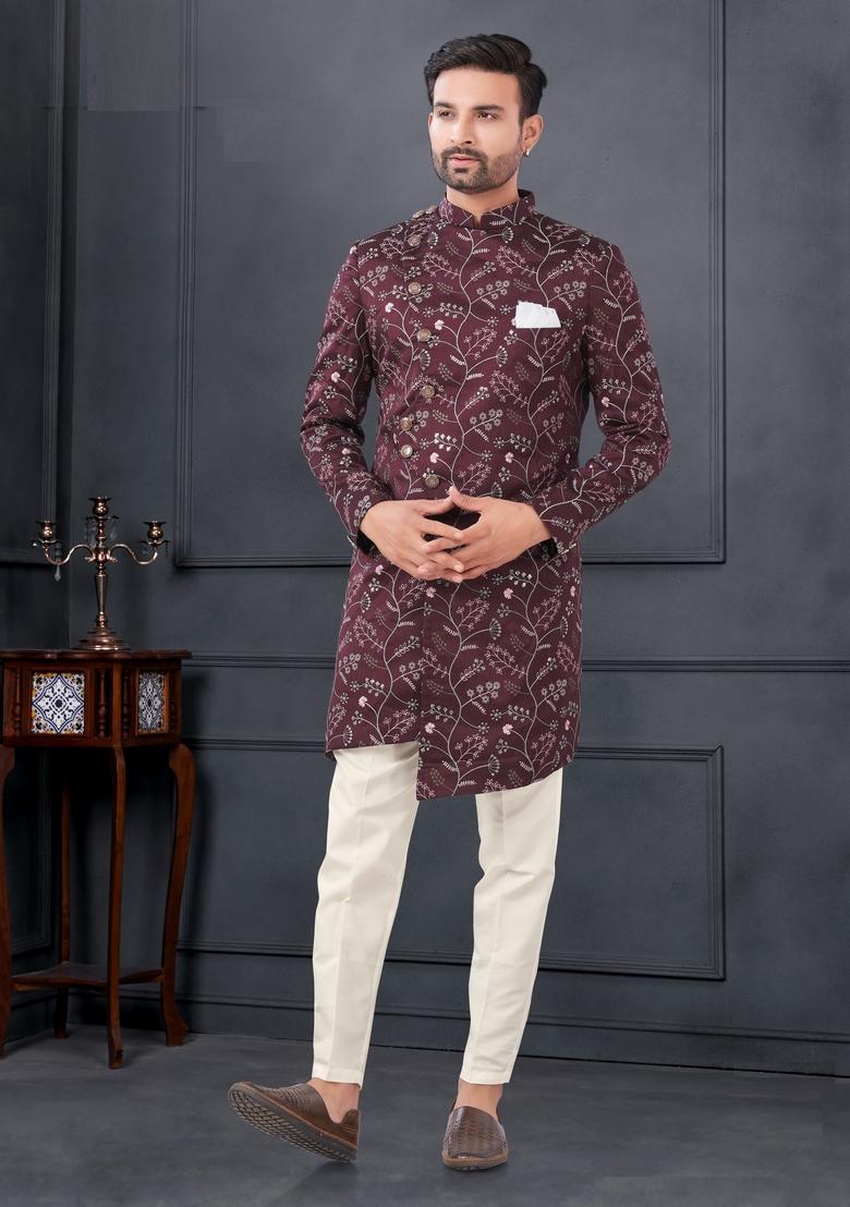 Maroon Embroidered Silk Sherwani Set For Men