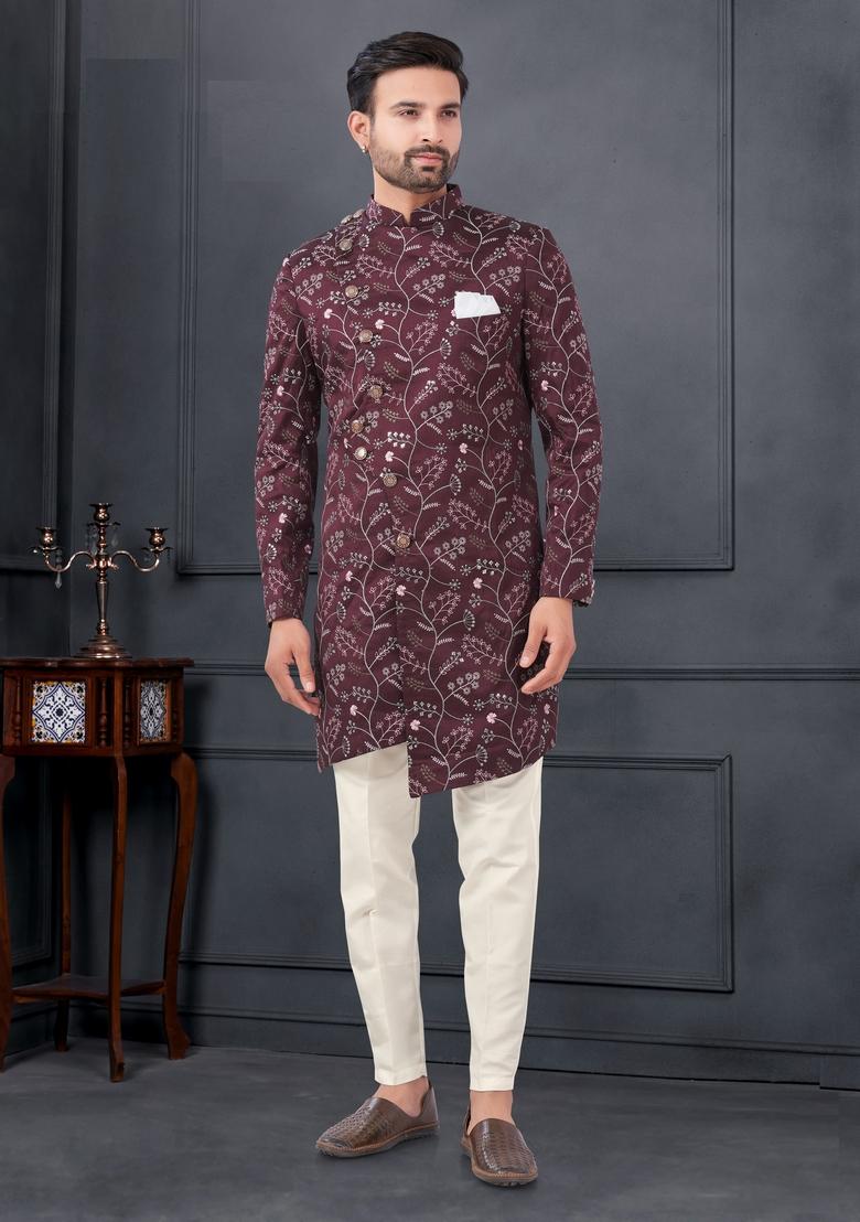 Maroon Embroidered Silk Sherwani Set For Men