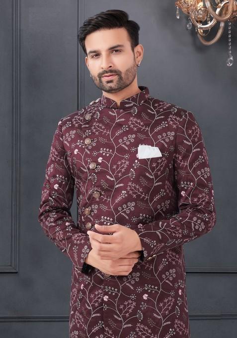 Maroon Embroidered Silk Sherwani Set For Men