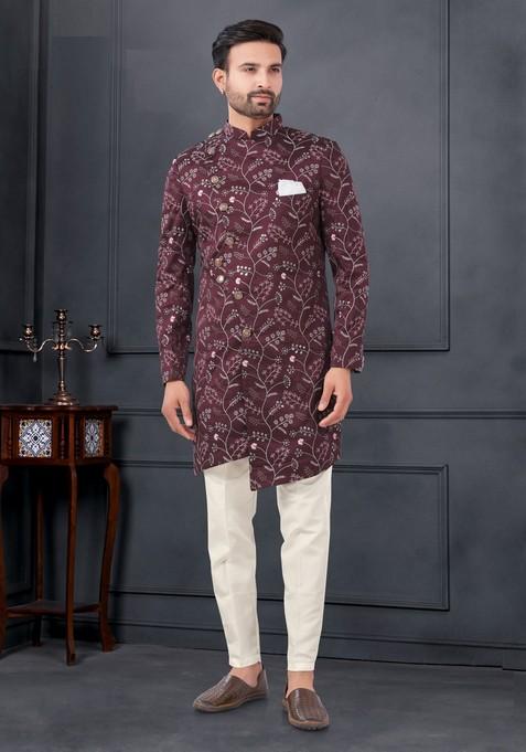 Maroon Embroidered Silk Sherwani Set For Men