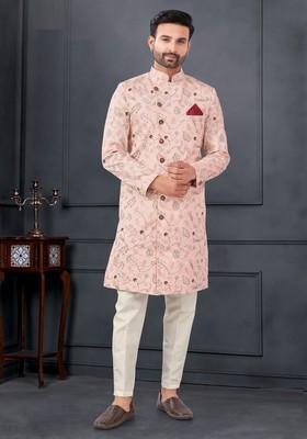 Peach Embroidered Silk Sherwani Set For Men