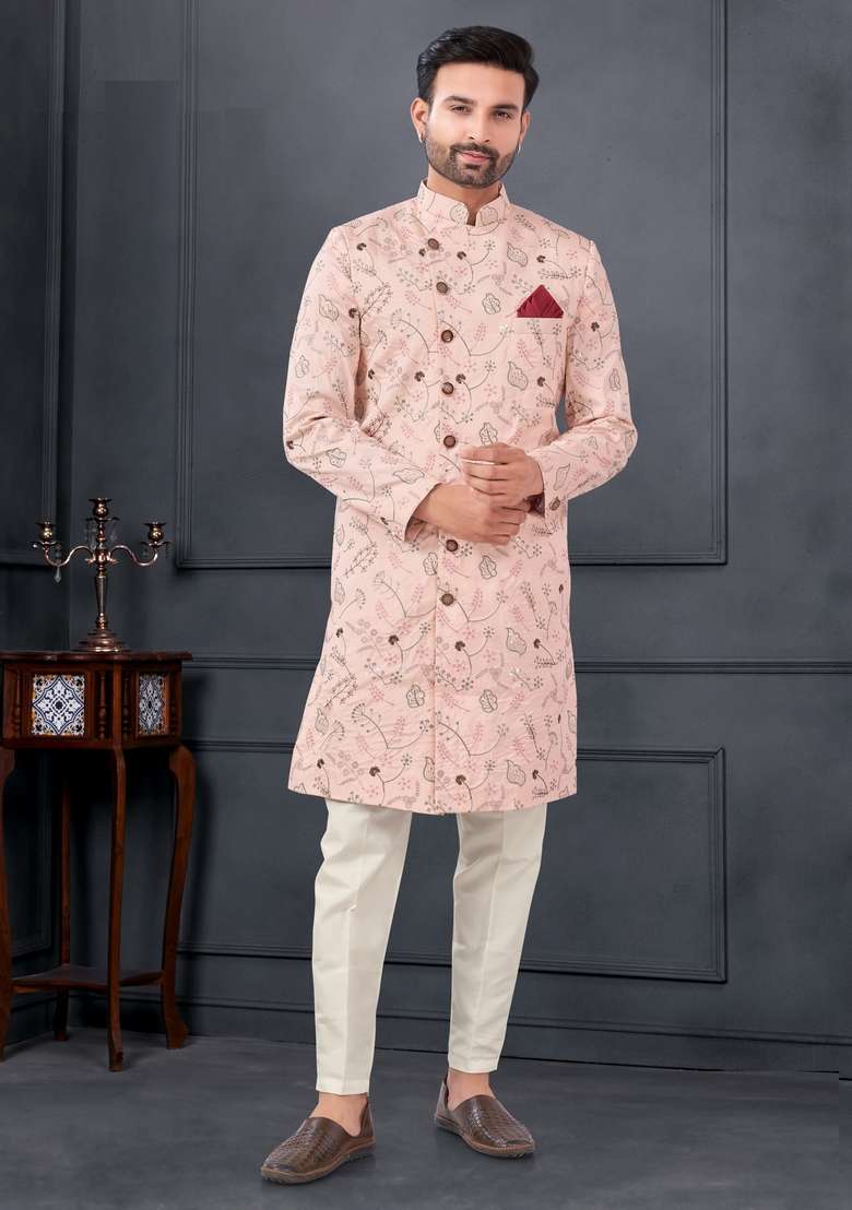 Peach Embroidered Silk Sherwani Set For Men - Indya
