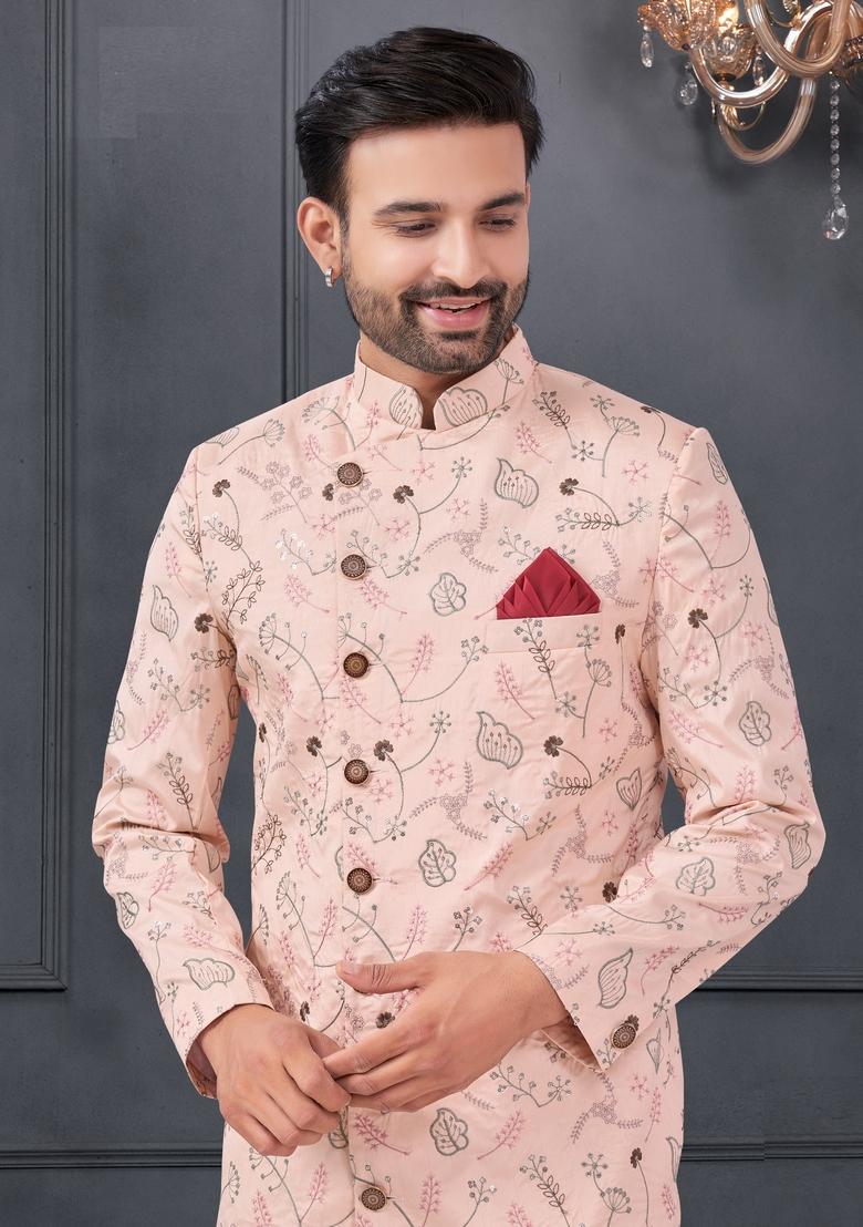 Peach Embroidered Silk Sherwani Set For Men