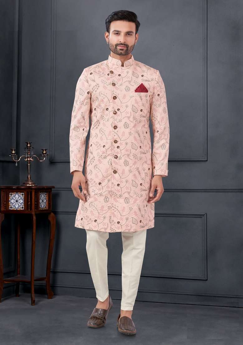 Peach Embroidered Silk Sherwani Set For Men - Indya