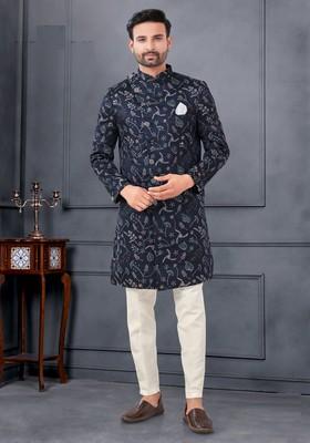 Navy Blue Embroidered Silk Sherwani Set For Men