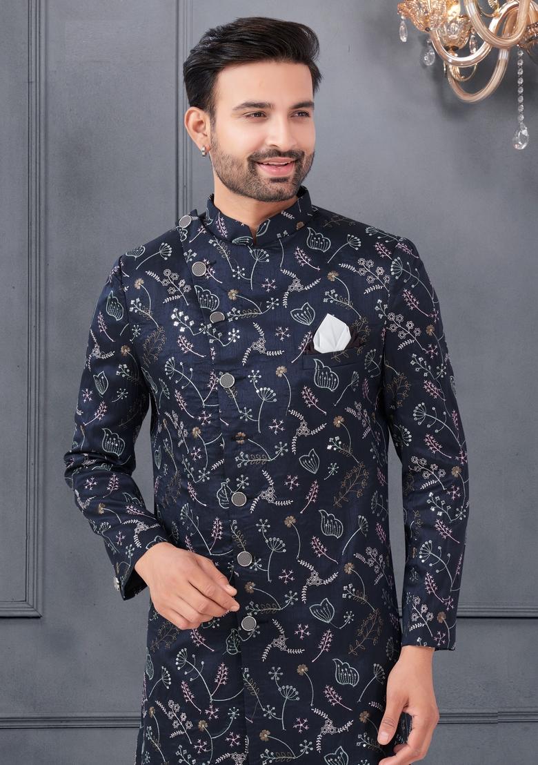 Navy Blue Embroidered Silk Sherwani Set For Men
