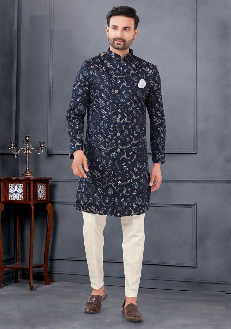 Navy Blue Embroidered Silk Sherwani Set For Men