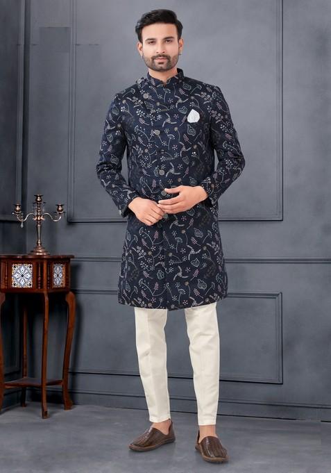 Navy Blue Embroidered Silk Sherwani Set For Men